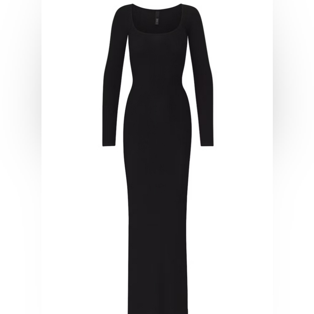 NWT SKIMS Soft Lounge Long Sleeve Square Neck Dress Black Onyx Size Small
